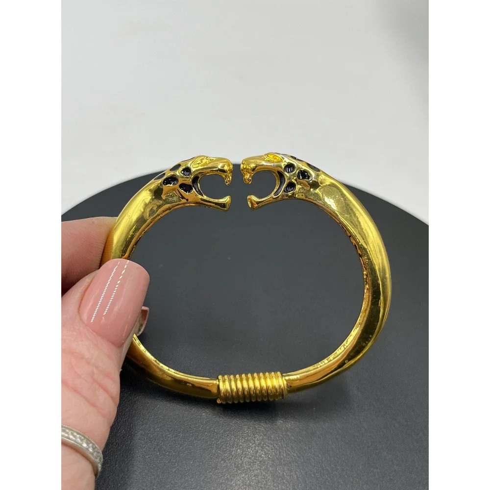 Kenneth Lane Vintage KJL Double Panther‎ Jaguar Bracelet Gold Black  Rhinestones
